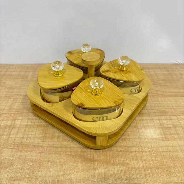 A07903 SHINEMAX Designer's Choice 4 Pcs Glass Candy Bowls Set with Wooden Lids, Crystal Knobs & Wooden Stand Tray for Dry Fruits, Gifting (Model: SMBJ-607)