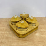 A07903 SHINEMAX Designer's Choice 4 Pcs Glass Candy Bowls Set with Wooden Lids, Crystal Knobs & Wooden Stand Tray for Dry Fruits, Gifting (Model: SMBJ-607)