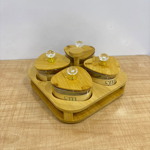 A07903 SHINEMAX Designer's Choice 4 Pcs Glass Candy Bowls Set with Wooden Lids, Crystal Knobs & Wooden Stand Tray for Dry Fruits, Gifting (Model: SMBJ-607)