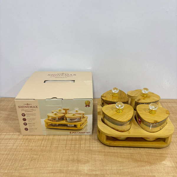 A07903 SHINEMAX Designer's Choice 4 Pcs Glass Candy Bowls Set with Wooden Lids, Crystal Knobs & Wooden Stand Tray for Dry Fruits, Gifting (Model: SMBJ-607)