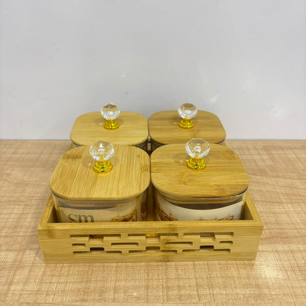 A07904 SHINEMAX 4 Pcs Glass Candy Jars Set with Wooden Lids, Crystal Knobs & Bamboo Serving Tray [SMBJ-609]