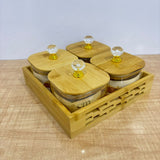 A07904 SHINEMAX 4 Pcs Glass Candy Jars Set with Wooden Lids, Crystal Knobs & Bamboo Serving Tray [SMBJ-609]