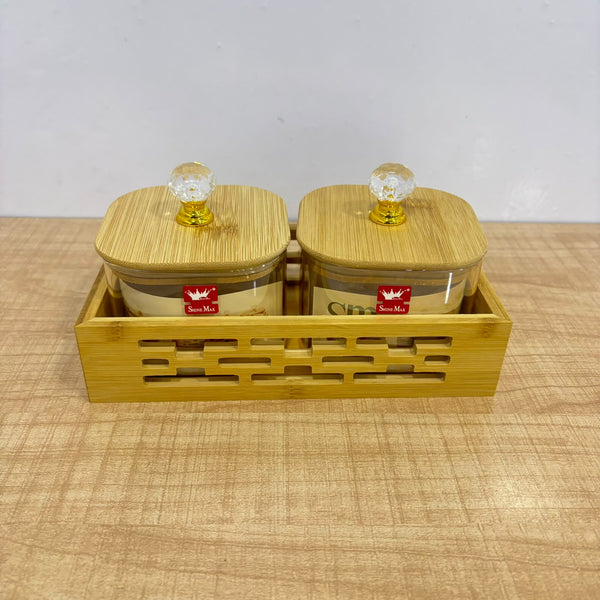 A07905 SHINEMAX 2 Pcs Glass Candy Jar Set with Wooden Lids and Tray [SMBJ-611]