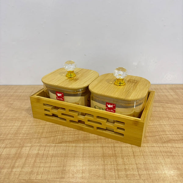 A07905 SHINEMAX 2 Pcs Glass Candy Jar Set with Wooden Lids and Tray [SMBJ-611]