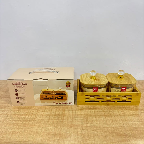 A07905 SHINEMAX 2 Pcs Glass Candy Jar Set with Wooden Lids and Tray [SMBJ-611]