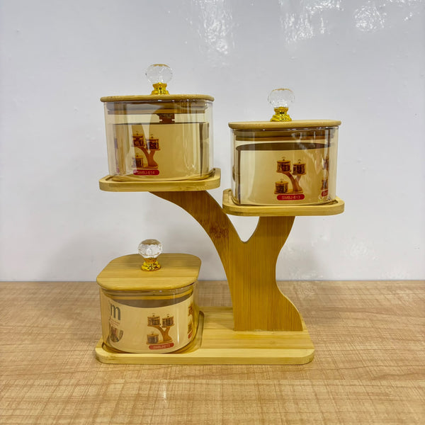 A07906 SHINEMAX 3 Pcs Glass Candy Jar Set with Wooden Stand & Lids (Model: SMBJ-614)