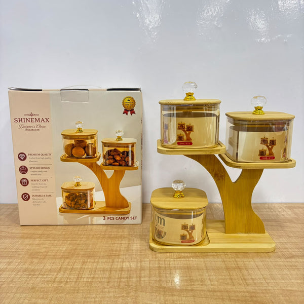 A07906 SHINEMAX 3 Pcs Glass Candy Jar Set with Wooden Stand & Lids (Model: SMBJ-614)