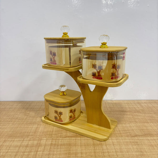 A07906 SHINEMAX 3 Pcs Glass Candy Jar Set with Wooden Stand & Lids (Model: SMBJ-614)