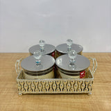 A07908 SHINEMAX 4 Pcs Luxury Glass Candy & Dry Fruit Jar Set with Silver Decorative Tray & Crystal Knobs [SMBJ-714-S]