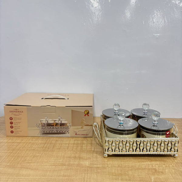 A07908 SHINEMAX 4 Pcs Luxury Glass Candy & Dry Fruit Jar Set with Silver Decorative Tray & Crystal Knobs [SMBJ-714-S]