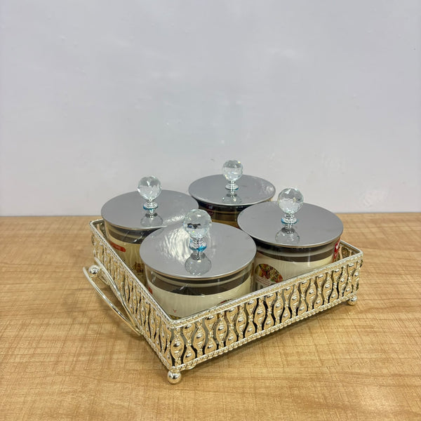 A07908 SHINEMAX 4 Pcs Luxury Glass Candy & Dry Fruit Jar Set with Silver Decorative Tray & Crystal Knobs [SMBJ-714-S]