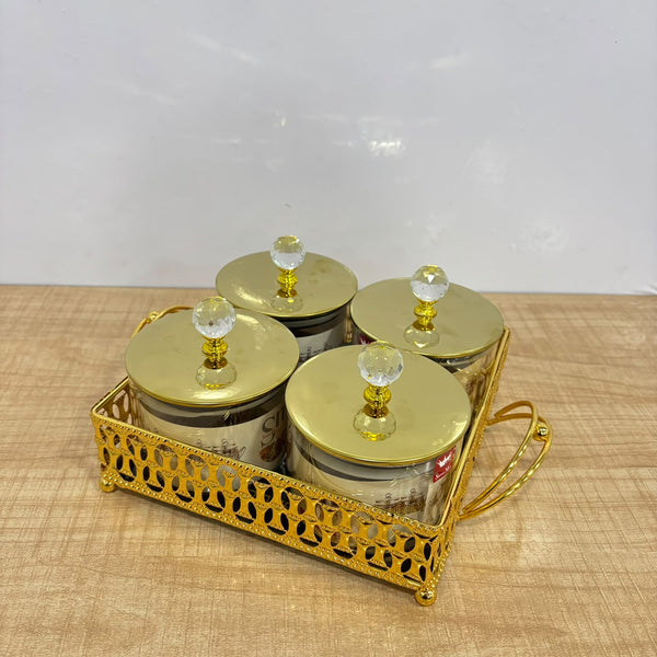 A07909 Luxury 4-Piece Glass Candy Jar Set with Crystal Lids and Decorative Metal Tray (Gold) [SMBJ-714-G]