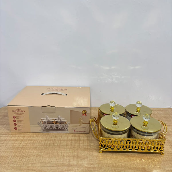 A07909 Luxury 4-Piece Glass Candy Jar Set with Crystal Lids and Decorative Metal Tray (Gold) [SMBJ-714-G]
