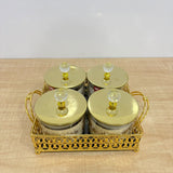 A07909 Luxury 4-Piece Glass Candy Jar Set with Crystal Lids and Decorative Metal Tray (Gold) [SMBJ-714-G]