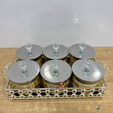 A07910 SHINEMAX 6-Piece Glass Dry Fruit & Candy Jar Set with Metallic Silver Serving Tray & Crystal Lids [SMBJ-715-S]