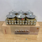 A07910 SHINEMAX 6-Piece Glass Dry Fruit & Candy Jar Set with Metallic Silver Serving Tray & Crystal Lids [SMBJ-715-S]