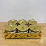 A07911 Luxury 6-Piece Glass Spice & Dry Fruit Jar Set with Golden Decorative Metal Tray & Crystal Lids [SMBJ-715-G]