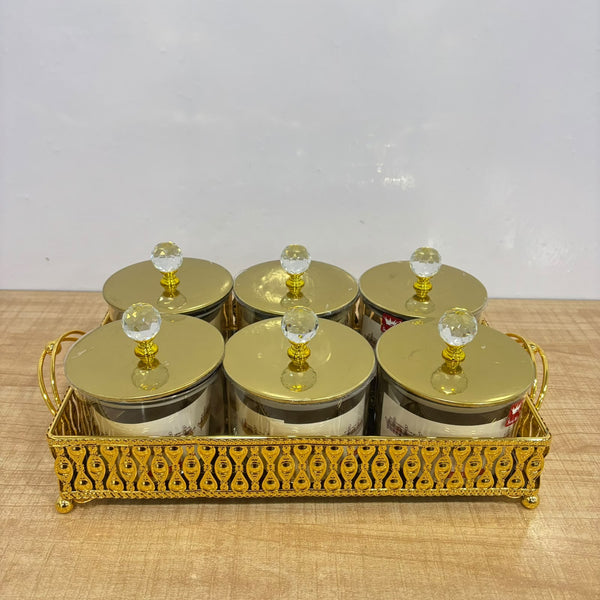 A07911 Luxury 6-Piece Glass Spice & Dry Fruit Jar Set with Golden Decorative Metal Tray & Crystal Lids [SMBJ-715-G]
