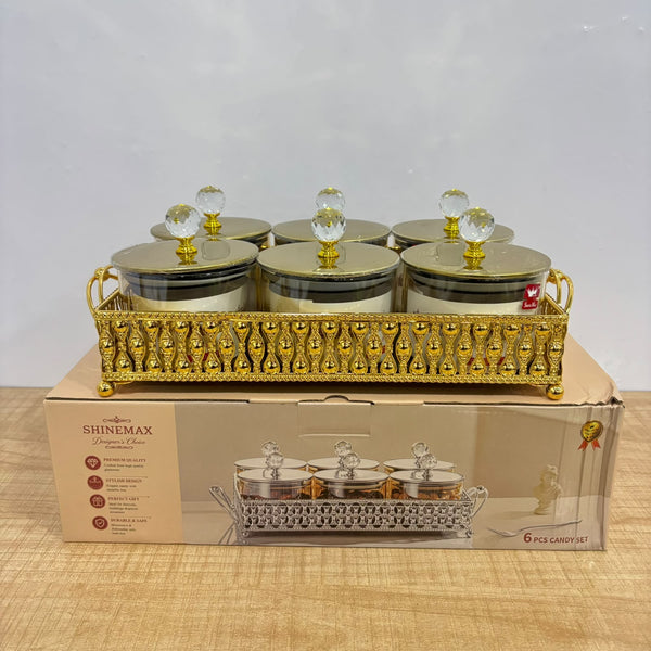 A07911 Luxury 6-Piece Glass Spice & Dry Fruit Jar Set with Golden Decorative Metal Tray & Crystal Lids [SMBJ-715-G]