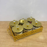 A07911 Luxury 6-Piece Glass Spice & Dry Fruit Jar Set with Golden Decorative Metal Tray & Crystal Lids [SMBJ-715-G]