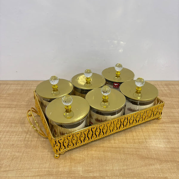 A07911 Luxury 6-Piece Glass Spice & Dry Fruit Jar Set with Golden Decorative Metal Tray & Crystal Lids [SMBJ-715-G]