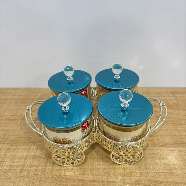 A07912 Shinemax 4-Piece Decorative Glass Candy Container Bowl Set with Decorative Cart Tray & Crystal Lids [SMBJ-716-S]