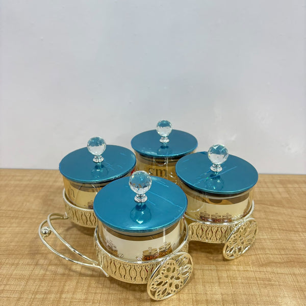A07912 Shinemax 4-Piece Decorative Glass Candy Container Bowl Set with Decorative Cart Tray & Crystal Lids [SMBJ-716-S]