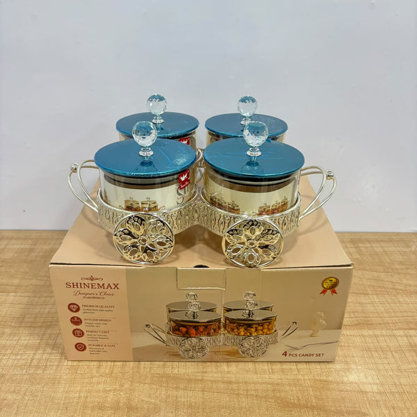 A07912 Shinemax 4-Piece Decorative Glass Candy Container Bowl Set with Decorative Cart Tray & Crystal Lids [SMBJ-716-S]