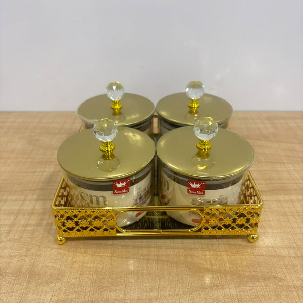A07914 SHINEMAX 4 Pcs Luxury Glass Candy & Dry Fruit Jar Set with Golden Metal Stand & Crystal Lids [SMBJ-719-G]