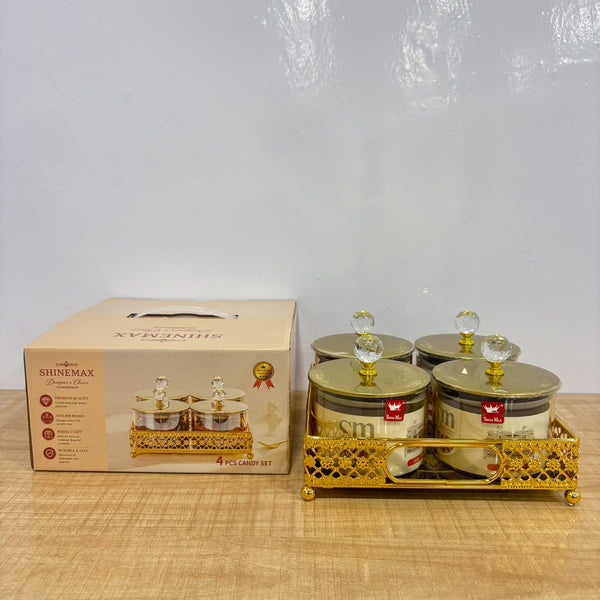 A07914 SHINEMAX 4 Pcs Luxury Glass Candy & Dry Fruit Jar Set with Golden Metal Stand & Crystal Lids [SMBJ-719-G]