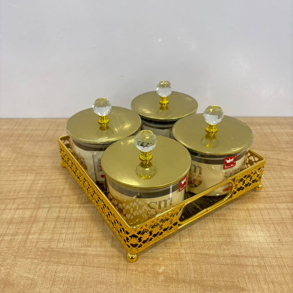 A07914 SHINEMAX 4 Pcs Luxury Glass Candy & Dry Fruit Jar Set with Golden Metal Stand & Crystal Lids [SMBJ-719-G]