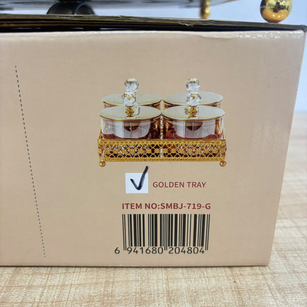 A07914 SHINEMAX 4 Pcs Luxury Glass Candy & Dry Fruit Jar Set with Golden Metal Stand & Crystal Lids [SMBJ-719-G]