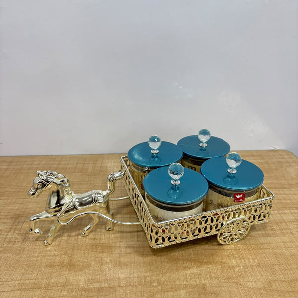 A07916 SHINEMAX 4-Piece Glass Candy Jar Set with Decorative Silver Horse Cart Tray for Dry Fruits, Sweets & Snacks [SMBJ-705-S]