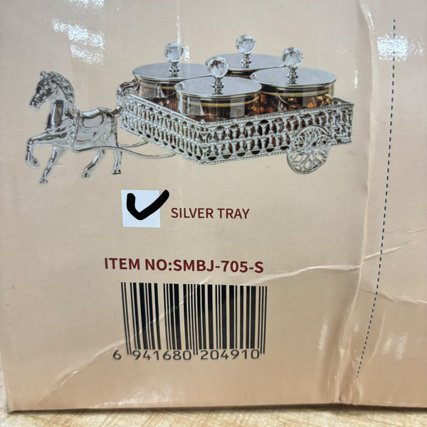 A07916 SHINEMAX 4-Piece Glass Candy Jar Set with Decorative Silver Horse Cart Tray for Dry Fruits, Sweets & Snacks [SMBJ-705-S]