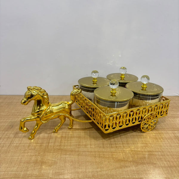 A07917 Shinemax 4-Piece Royal Horse Cart Dry Fruit Container Set with Golden Tray & Crystal Lids [SMBJ-705-G]