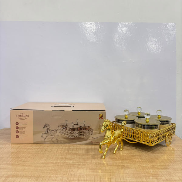 A07917 Shinemax 4-Piece Royal Horse Cart Dry Fruit Container Set with Golden Tray & Crystal Lids [SMBJ-705-G]