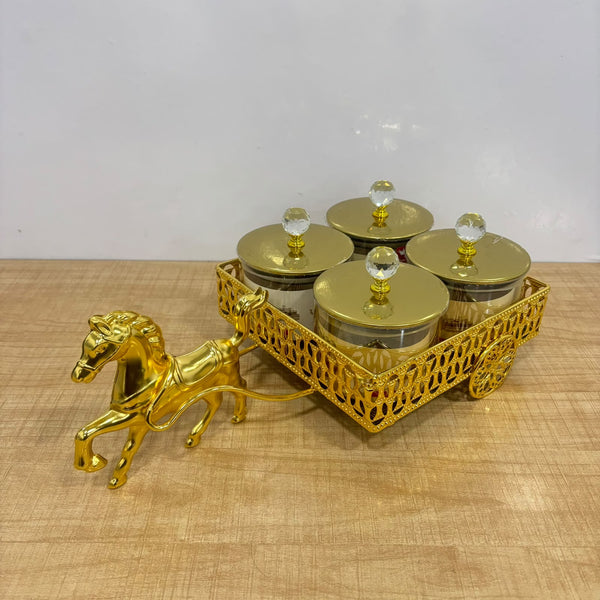 A07917 Shinemax 4-Piece Royal Horse Cart Dry Fruit Container Set with Golden Tray & Crystal Lids [SMBJ-705-G]
