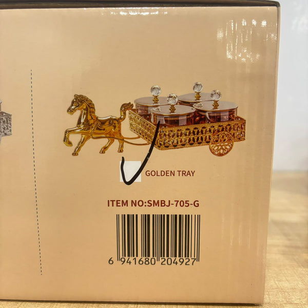 A07917 Shinemax 4-Piece Royal Horse Cart Dry Fruit Container Set with Golden Tray & Crystal Lids [SMBJ-705-G]