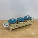 A07918 SHINEMAX 3-Piece Luxury Glass Candy Bowl Set with Filigree Metal Tray & Crystal Lids [SMBJ-708-S]