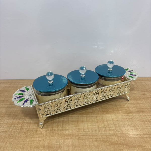 A07918 SHINEMAX 3-Piece Luxury Glass Candy Bowl Set with Filigree Metal Tray & Crystal Lids [SMBJ-708-S]