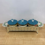 A07918 SHINEMAX 3-Piece Luxury Glass Candy Bowl Set with Filigree Metal Tray & Crystal Lids [SMBJ-708-S]