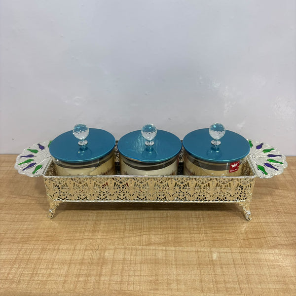 A07918 SHINEMAX 3-Piece Luxury Glass Candy Bowl Set with Filigree Metal Tray & Crystal Lids [SMBJ-708-S]