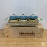 A07918 SHINEMAX 3-Piece Luxury Glass Candy Bowl Set with Filigree Metal Tray & Crystal Lids [SMBJ-708-S]
