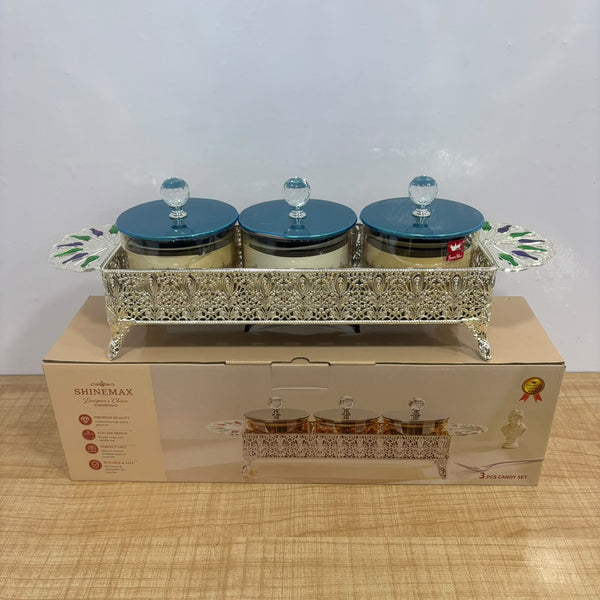 A07918 SHINEMAX 3-Piece Luxury Glass Candy Bowl Set with Filigree Metal Tray & Crystal Lids [SMBJ-708-S]
