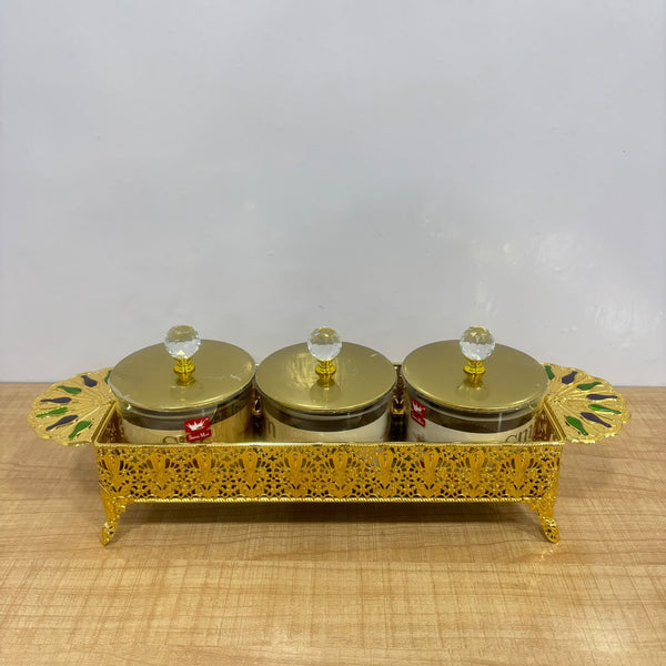 A07919 3-Piece Decorative Candy & Dry Fruit Jar Set with Golden Metal Display Tray [SMBJ-708-G]