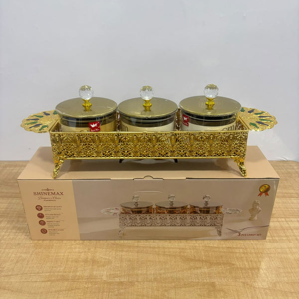 A07919 3-Piece Decorative Candy & Dry Fruit Jar Set with Golden Metal Display Tray [SMBJ-708-G]