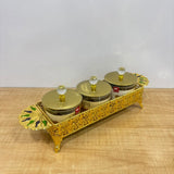 A07919 3-Piece Decorative Candy & Dry Fruit Jar Set with Golden Metal Display Tray [SMBJ-708-G]