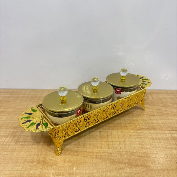 A07919 3-Piece Decorative Candy & Dry Fruit Jar Set with Golden Metal Display Tray [SMBJ-708-G]
