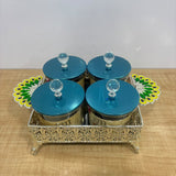 A07920 SHINEMAX Decorative 4-Piece Glass Candy Jar Set with Crystal Lids & Peacock Metal Tray [SMBJ-709-S]
