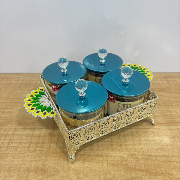 A07920 SHINEMAX Decorative 4-Piece Glass Candy Jar Set with Crystal Lids & Peacock Metal Tray [SMBJ-709-S]